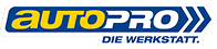 Logo von „autopro – Die Werkstatt“ mit gelber und weißer Schrift auf blauem Hintergrund und einem weißen Pfeil.